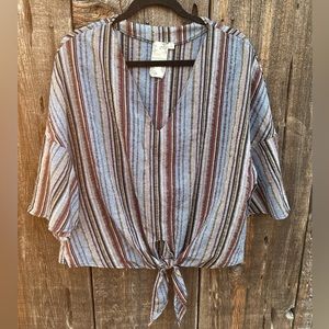 Blu Pepper Blue Red V-Neck Striped Front Tie Pullover Bell Short Sleeve Top